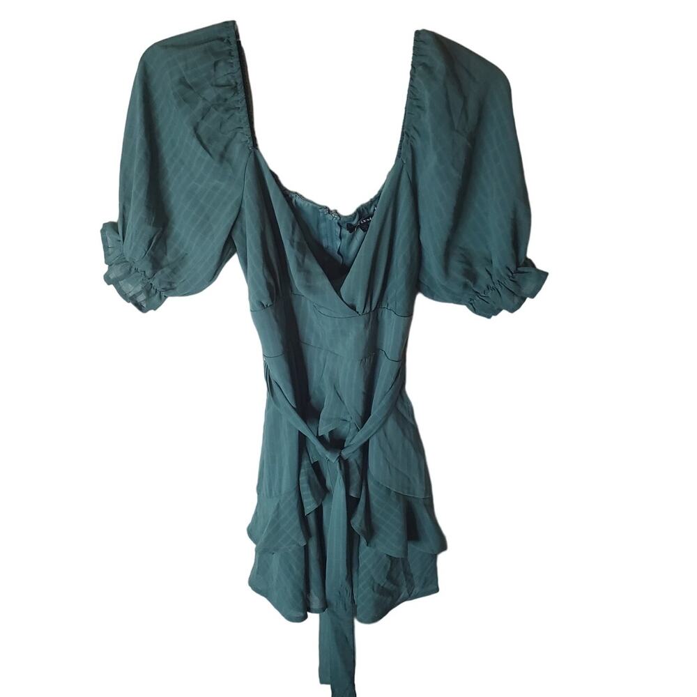 Trixxi Dark Green Puff Sleeve Tie Waist Mini Dress, NWOT, Small